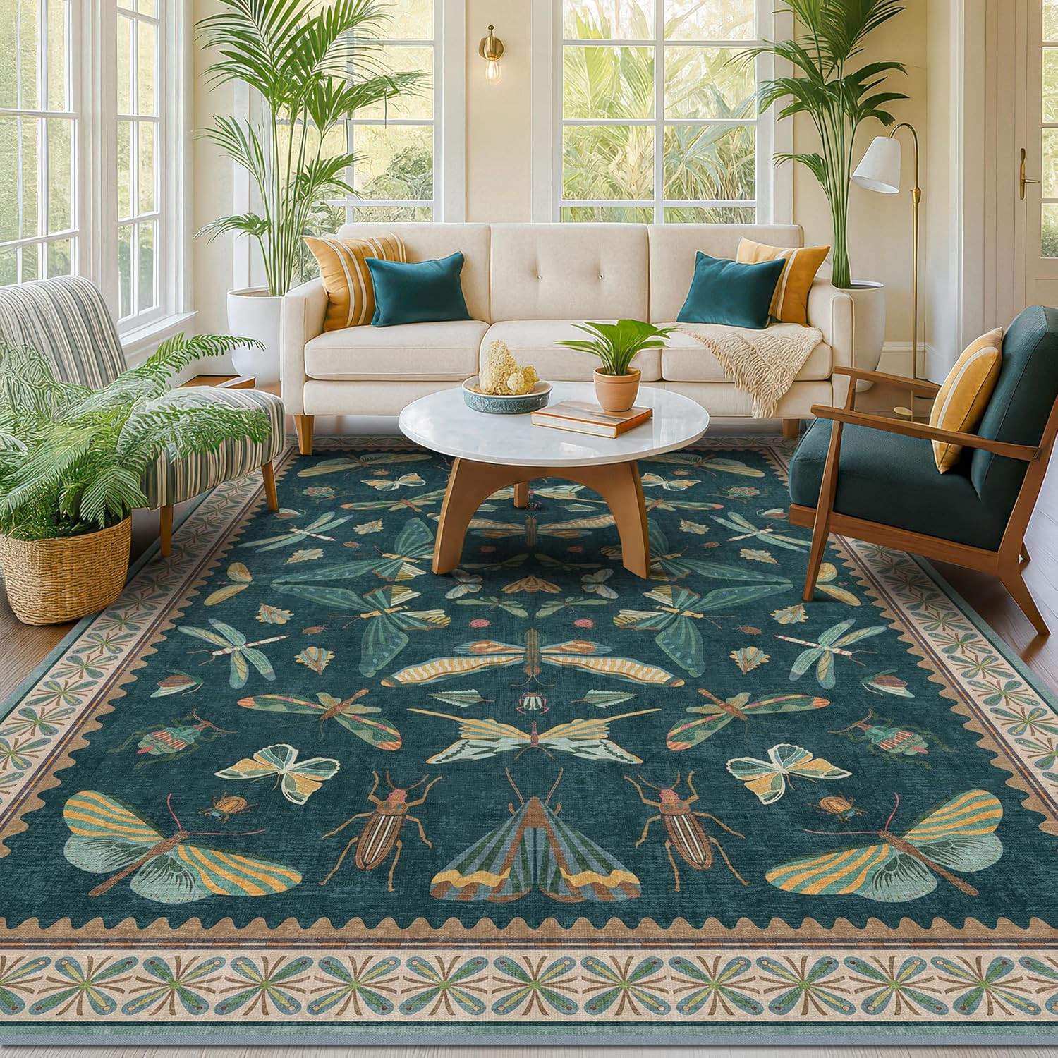 Vintage Blue & Green Area Rug 6×9 – Washable Non-Skid for Living Room