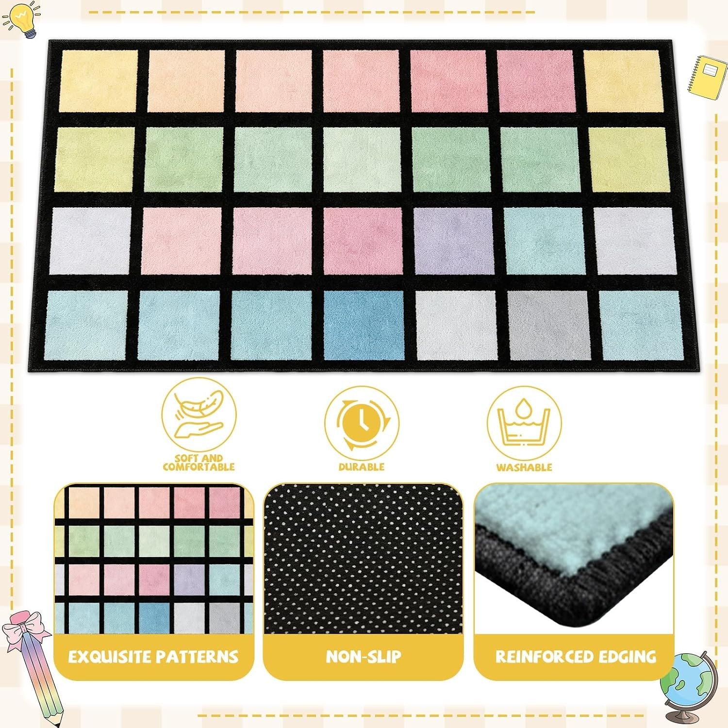 7.6×12 ft Large Pastel Color Squares Classroom Rug Colorful Educational Area Mat