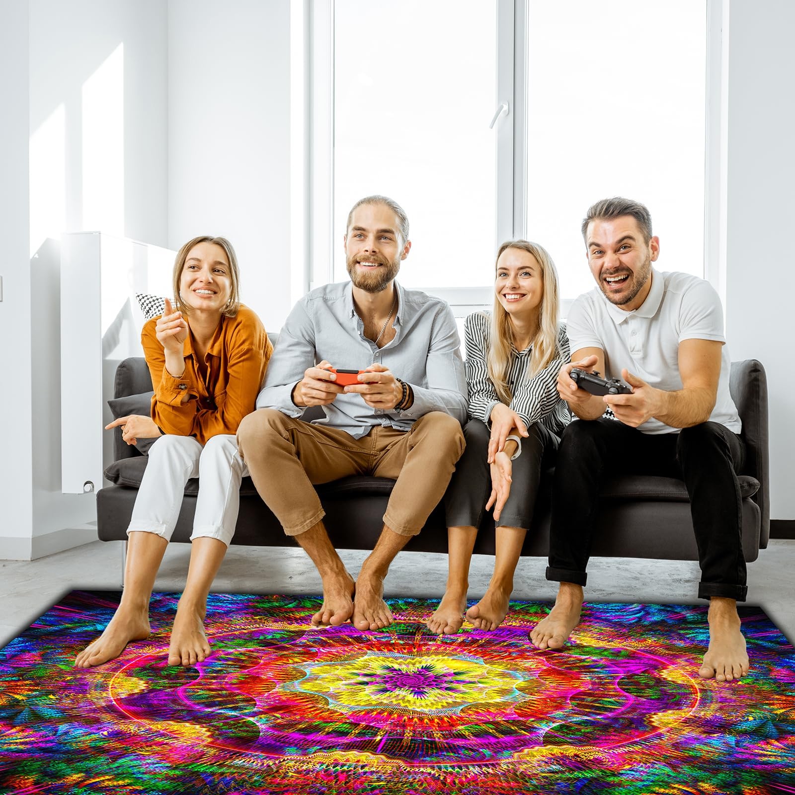 Trippy Mandala Area Rug Black Light,Large UV Reactive Glow in The Dark Boho N…