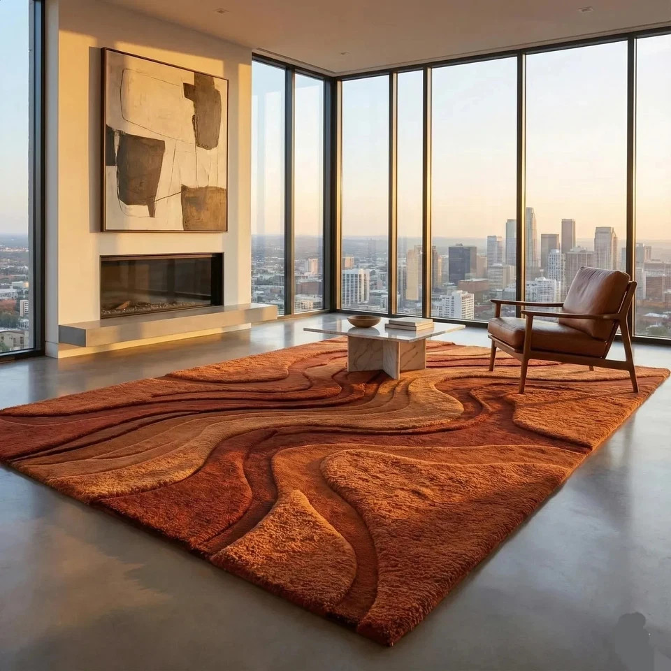 Hand-Tufted Desert Wave Wool Rug Sculpted Sand Dune Design in Terracotta Carpet