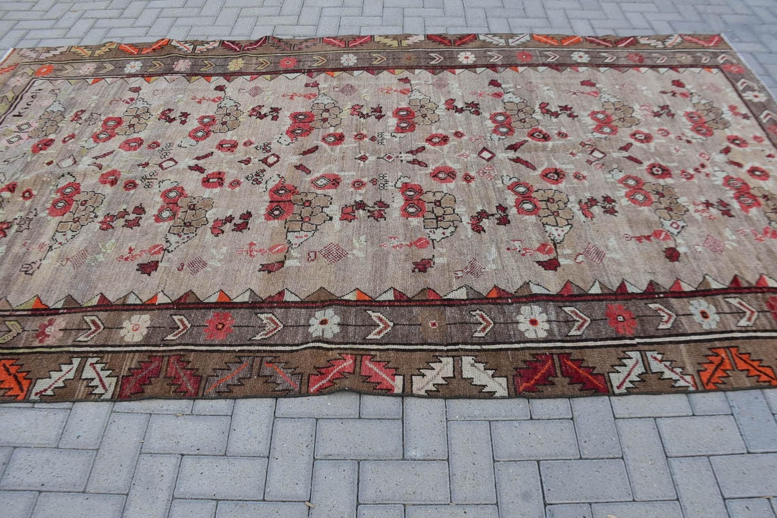 Turkish Vintage Rug, 6,3×11 ft Rug Rug, Beige Red Floral Rug