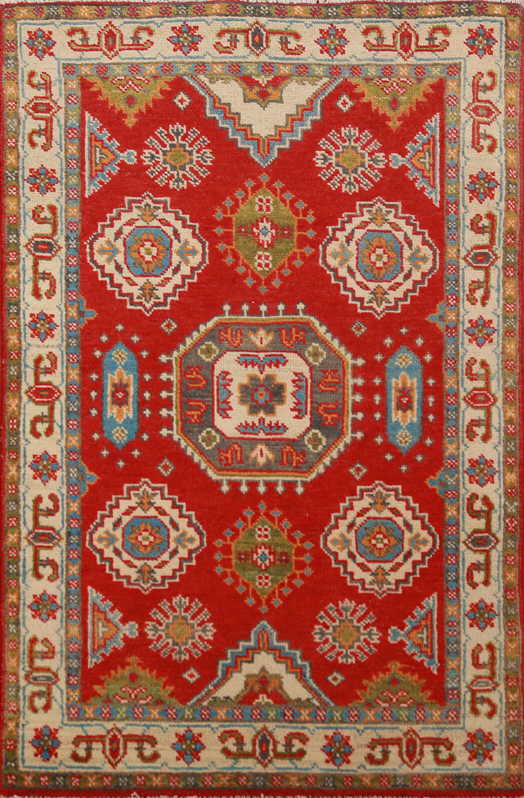 Geometric Kazak Accent Rug Handmade Art Rich Colors, Cultural Heritage 3×4 ft