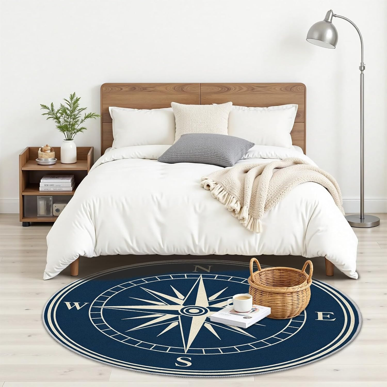 Nautical Compass Round Rug 4Ft – Washable Non-Slip Carpet for Any Room