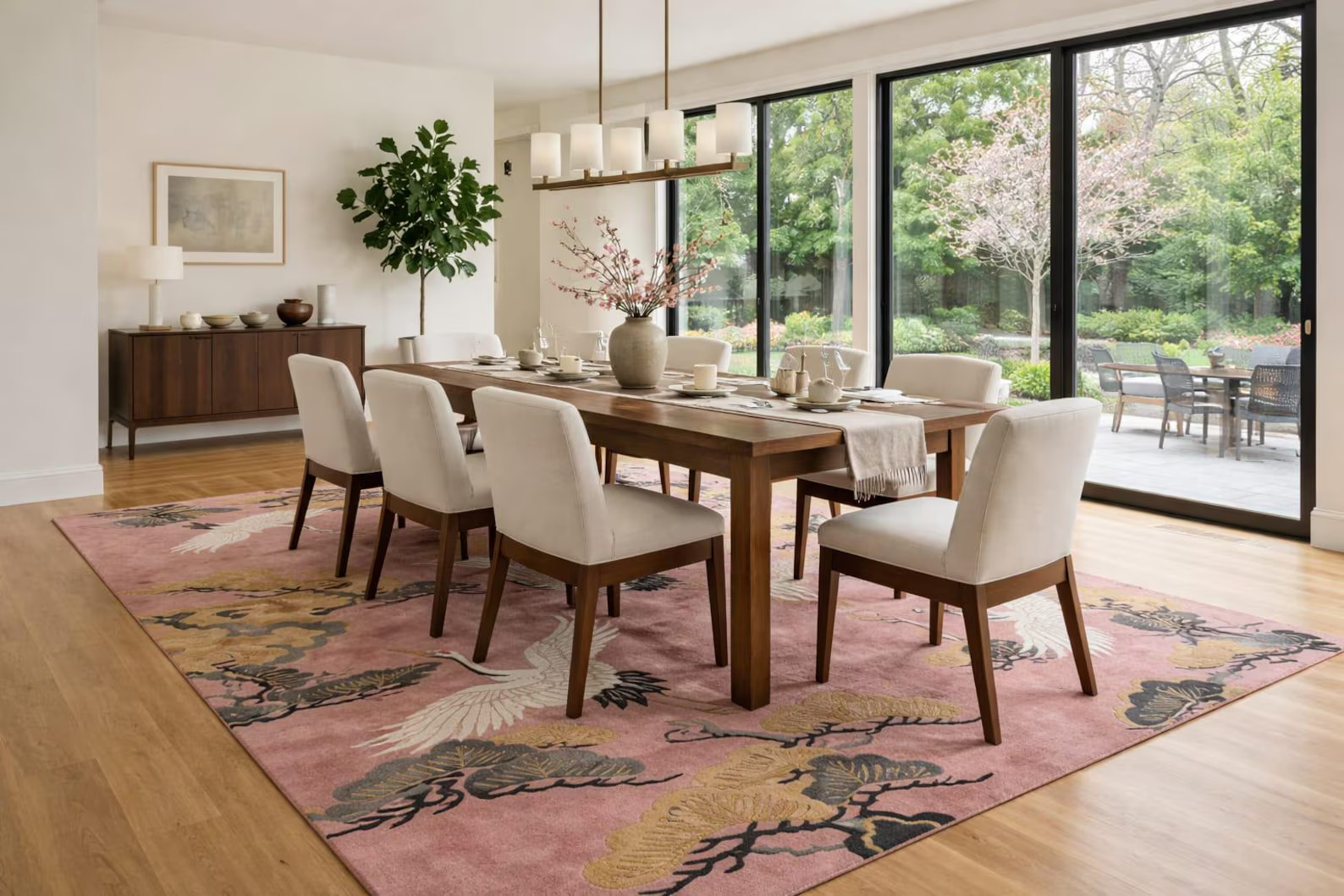 Hand-Tufted Wool Crane Rug – Pink Gold Chinoiserie Oriental Bird Floor Decor Rug