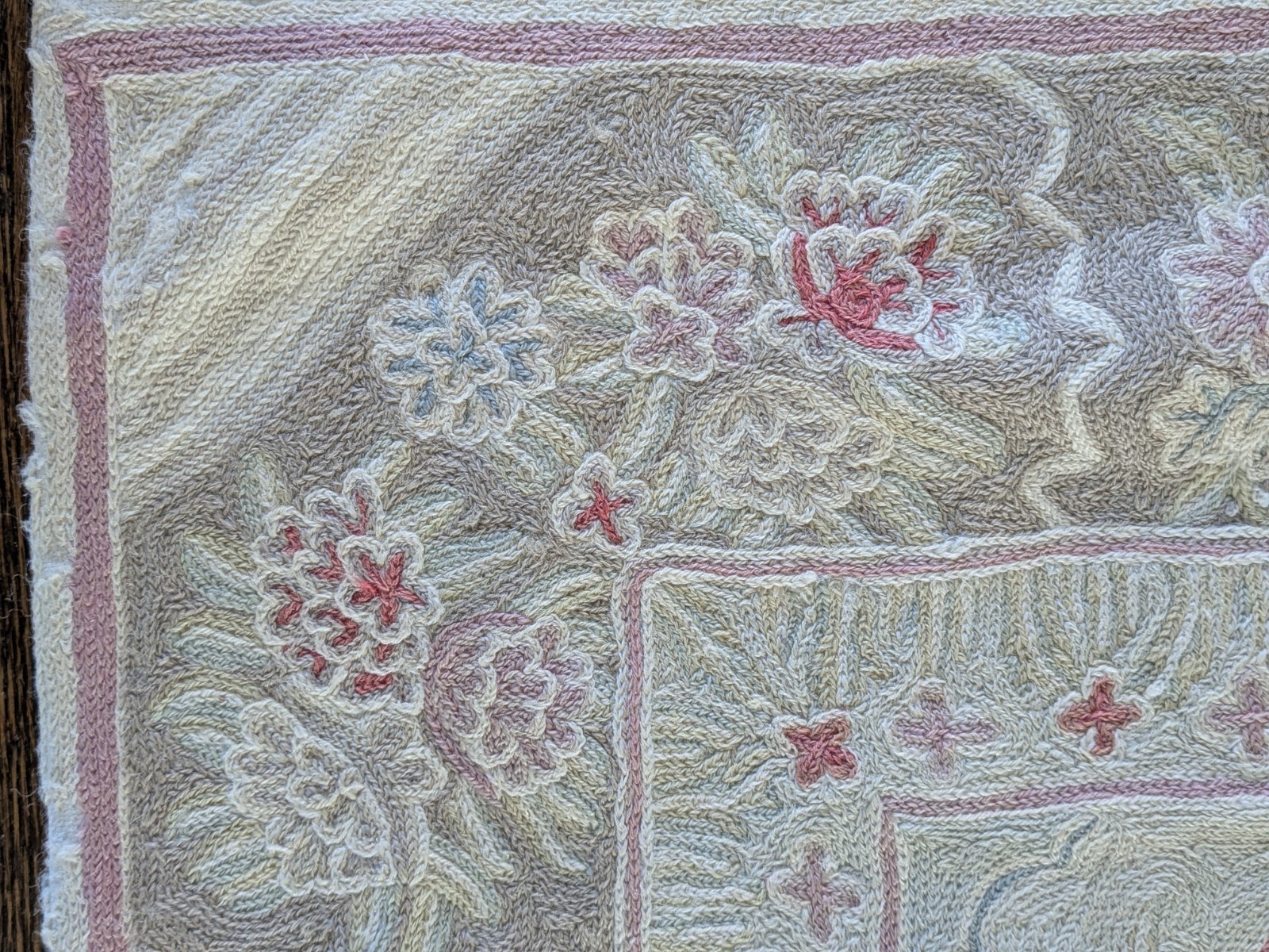 Vintage Kashmiri Chain Stitch Hand Embroidered Wool Rug Carpet