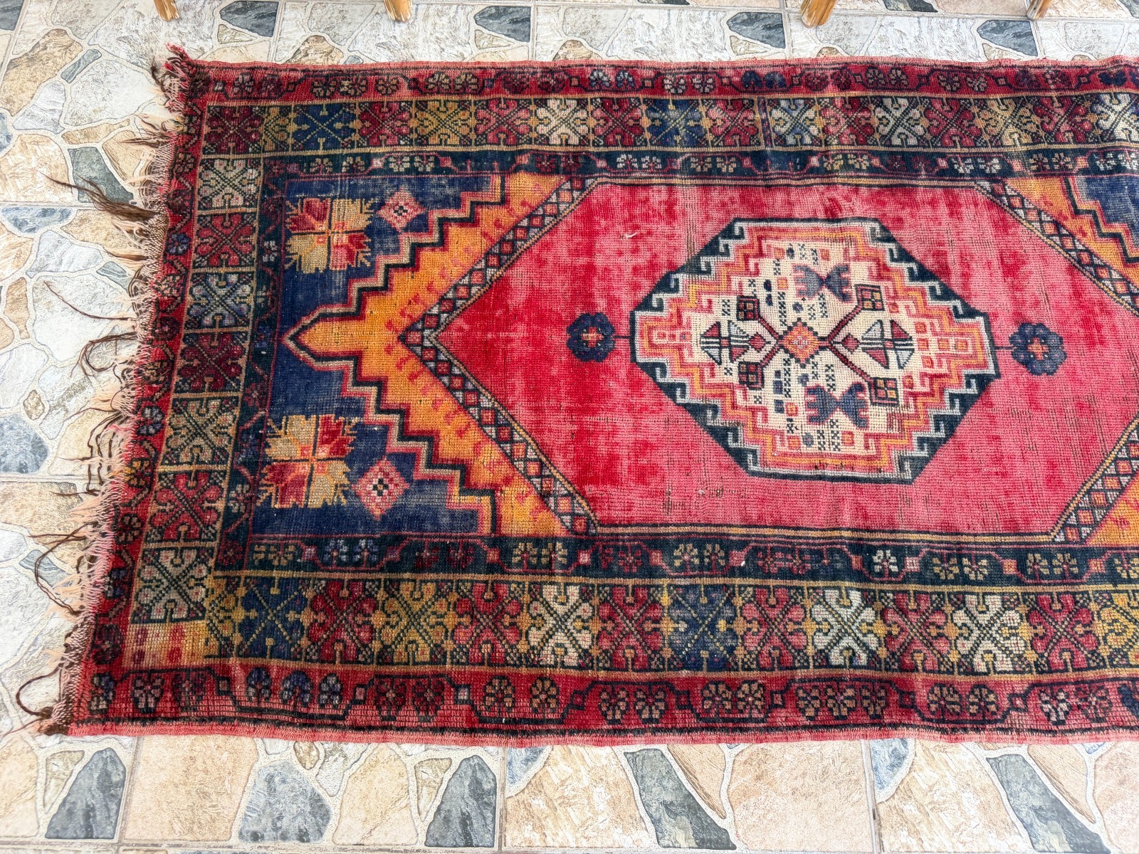 1980s Geometric Turkish Vintage Rug, Distressed Handmade Anatolian Wool Area 4×6