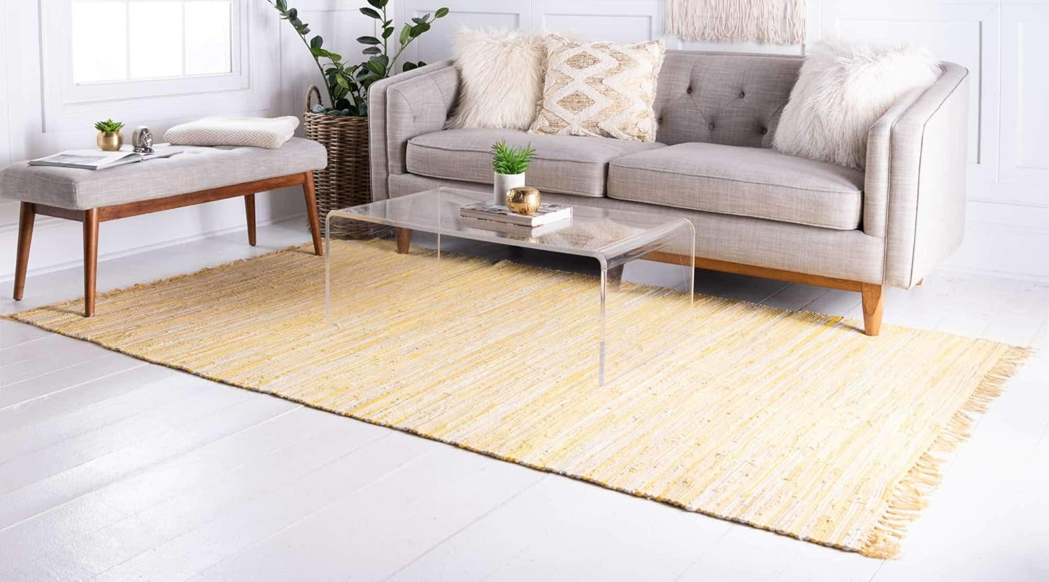 Soft Hand Woven Chindi Cotton Striped Area Rug, 9×12 Ft, Yellow/Ivory
