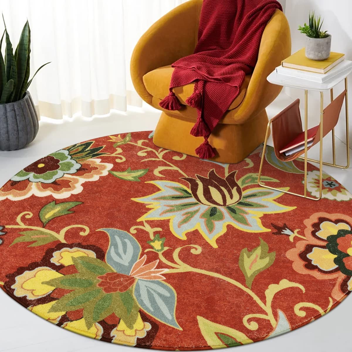 Lahome Red Floral 3 ft Round Rug, Washable Christmas Round Area Rugs Small No…