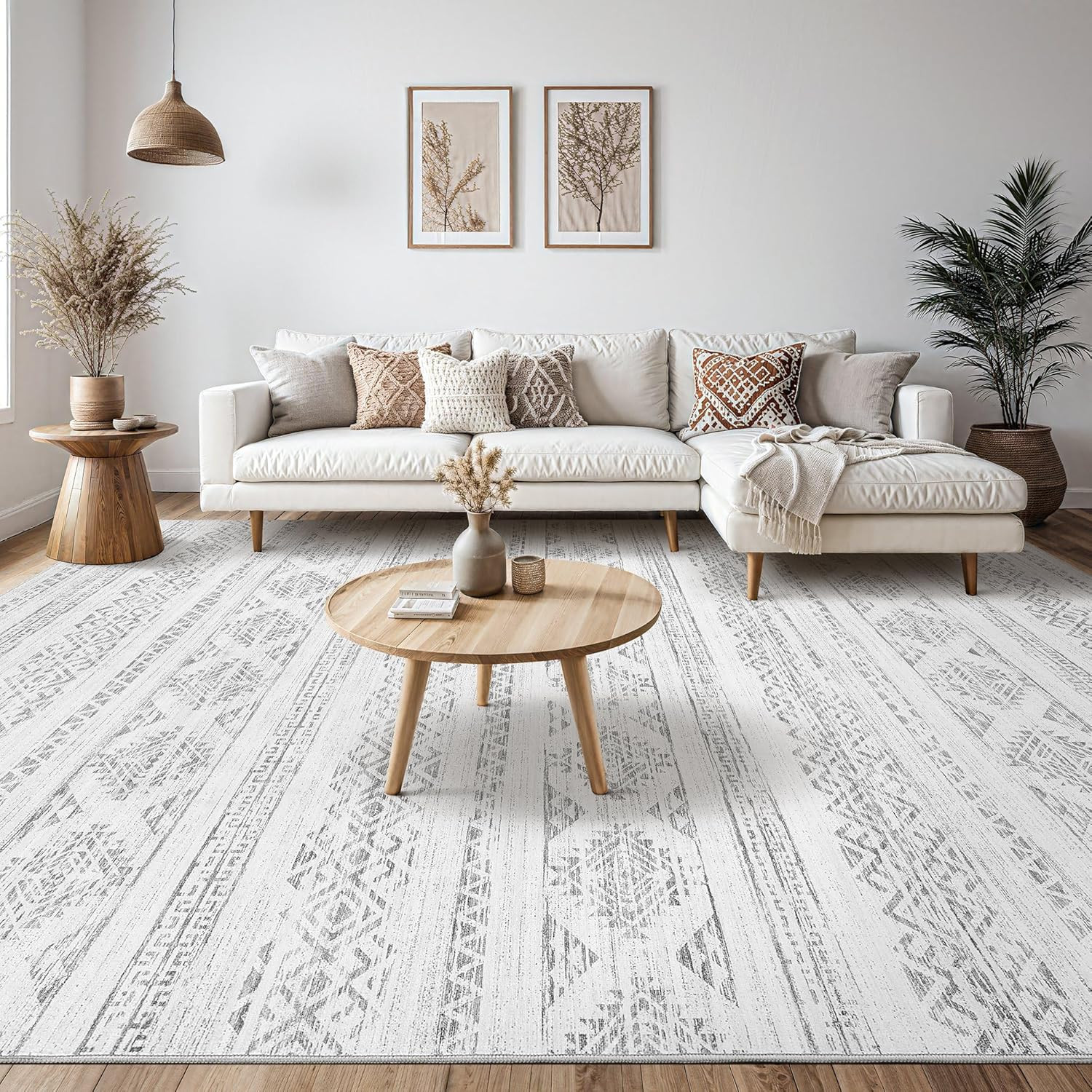 Area Rug Living Room Rugs – 10X14 Washable Large Soft Neutral Boho Moroccan Bohe
