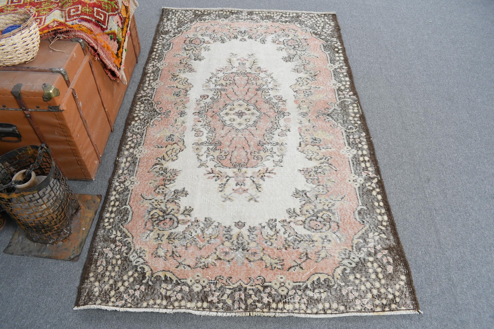 Vintage Rug, 3,8×6,46 ft Area Rug, Brown Check Wool Turkish Rug