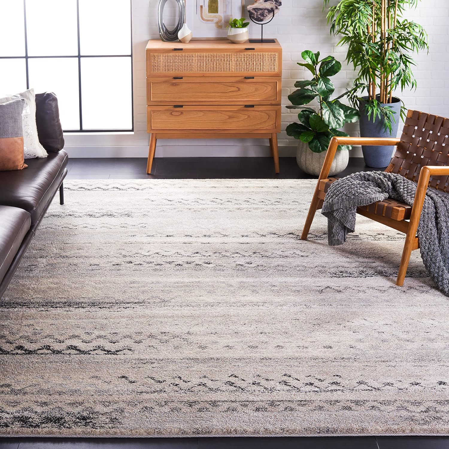 Retro 9′ x 12′ Area Rug, Cream & Grey, Modern Abstract Design