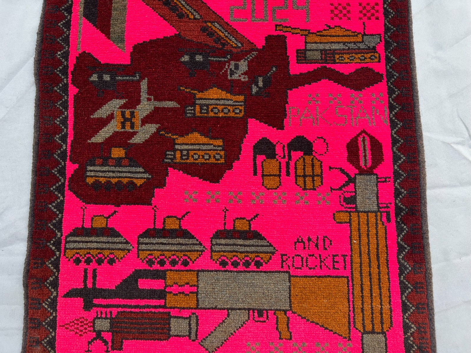 2’1 x 2’7 Ft Bold Afghan War Rug Rocket Launcher Tank Aircraft Pictorial Tribal