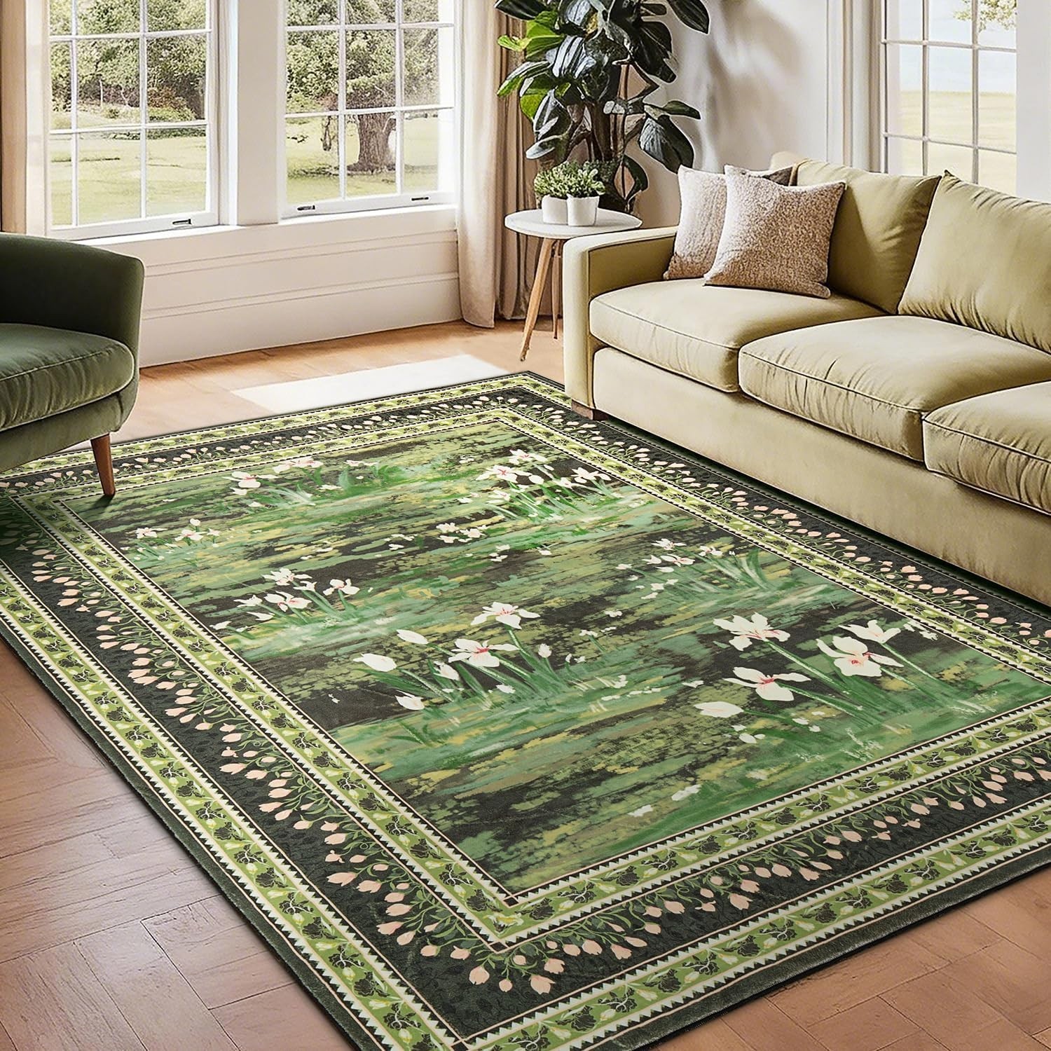Soft Faux Wool 5×7 Dark Green Floral Rug – Stain Resistant & Family Friendly