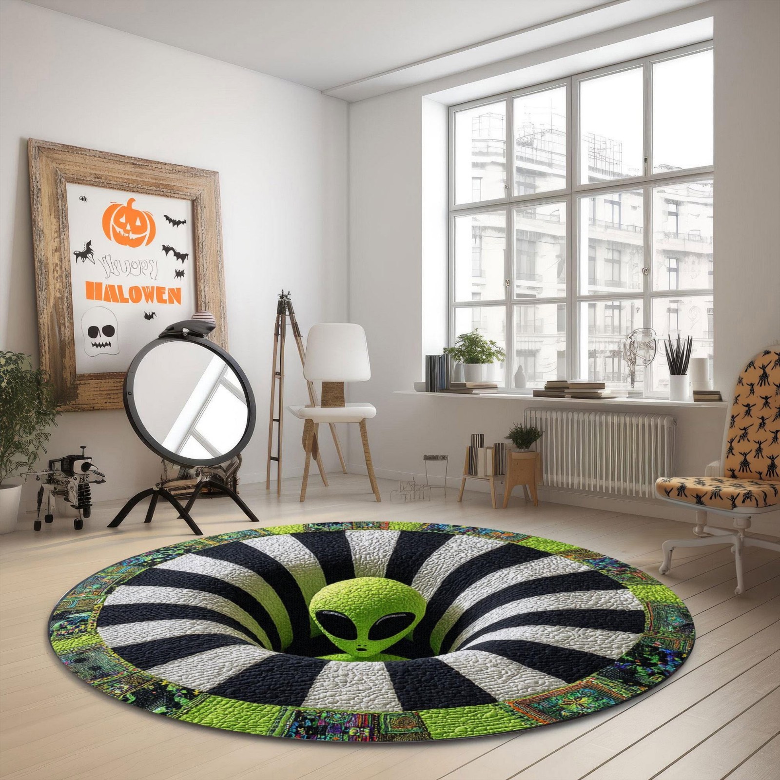 3D Alien Round Rug Optical Illusion Green UFO Spiral Carpet Home Decor Gift Idea