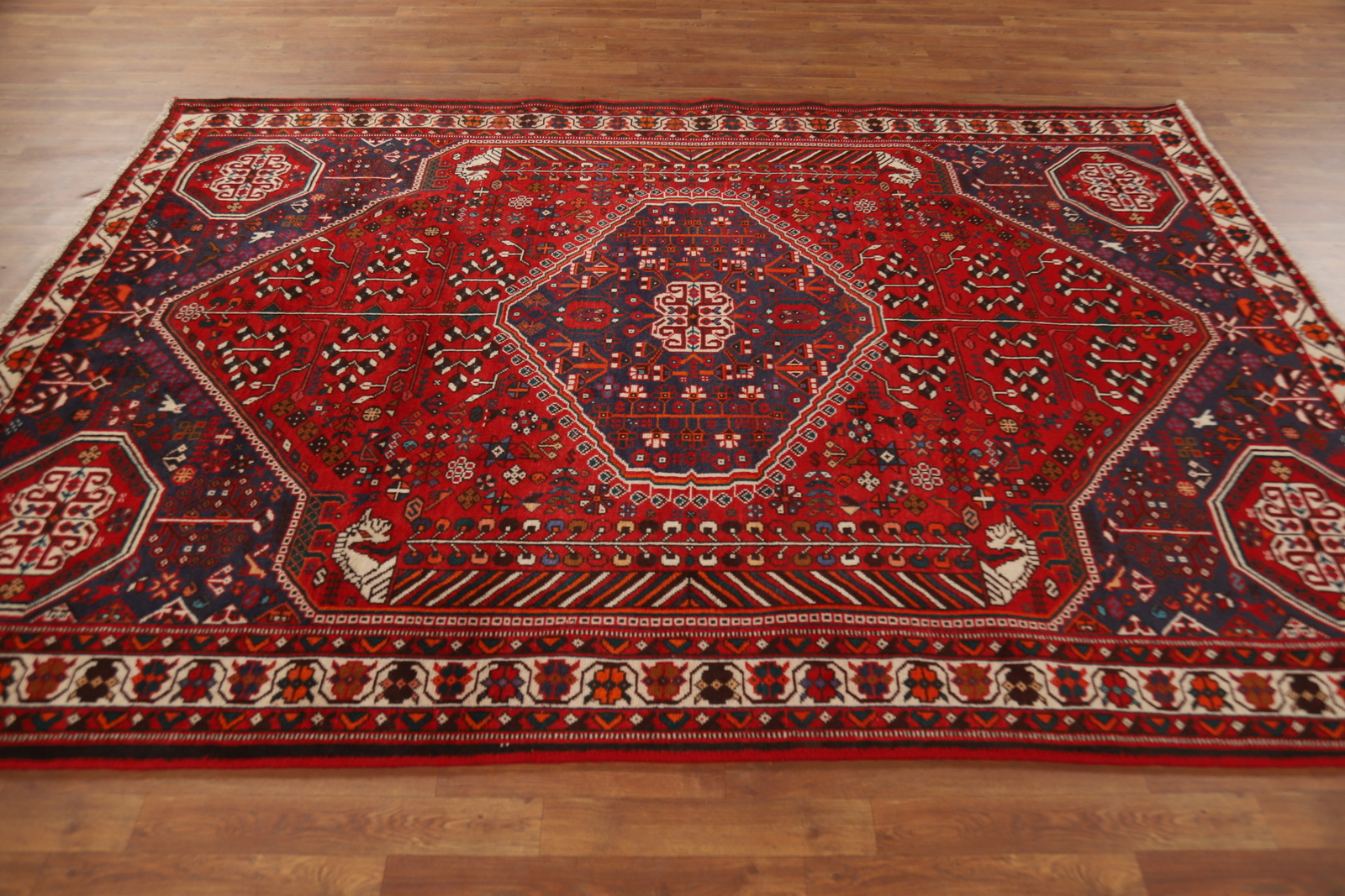 Geometric Red Wool Nomadic Living Room Area Rug Vintage Hand-made Tribal Rug 7×9