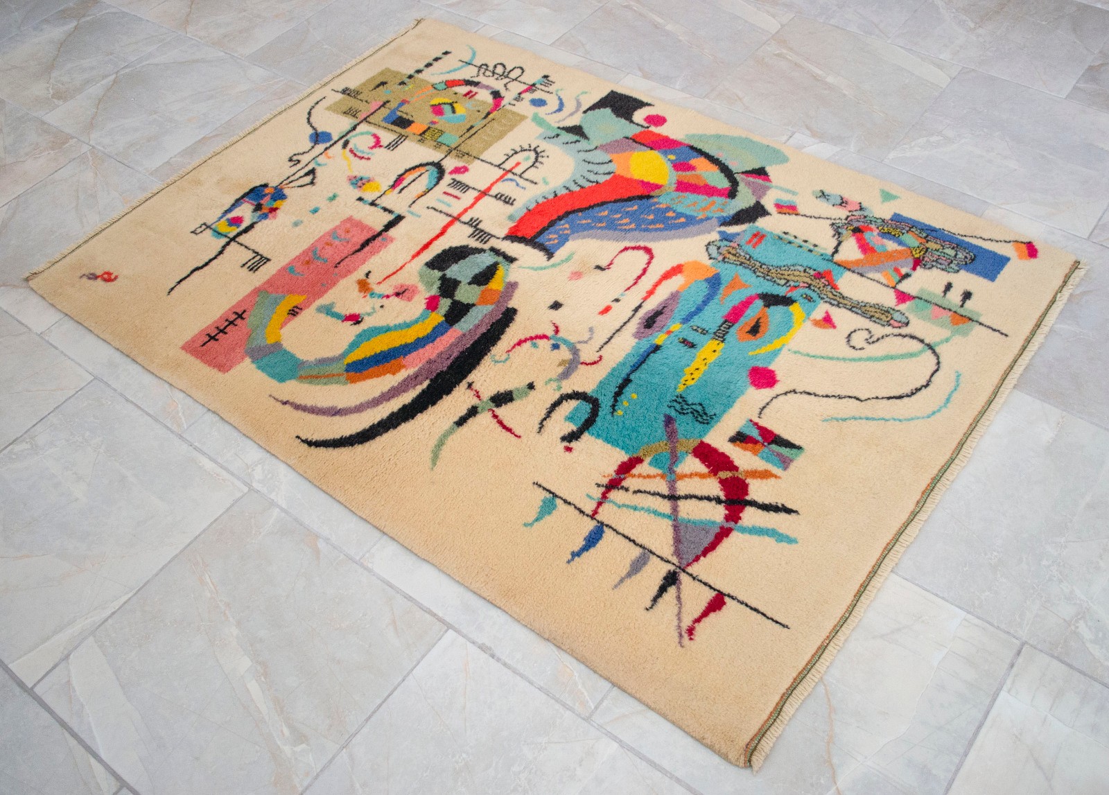 Kandinsky Style Abstract Rug | Vintage Hand-Knotted Wool Art Carpet 3’7″ x 5’0″