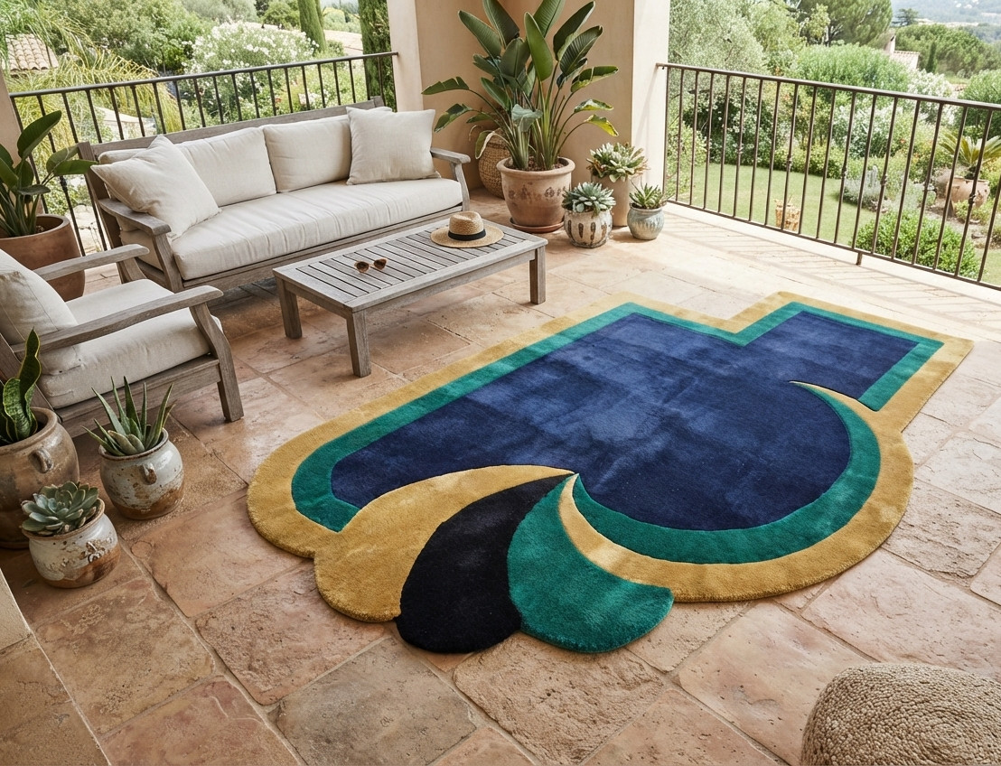 Hand Tufted Irregular Abstract Area Rug Navy Blue Teal Gold Modern Carpet