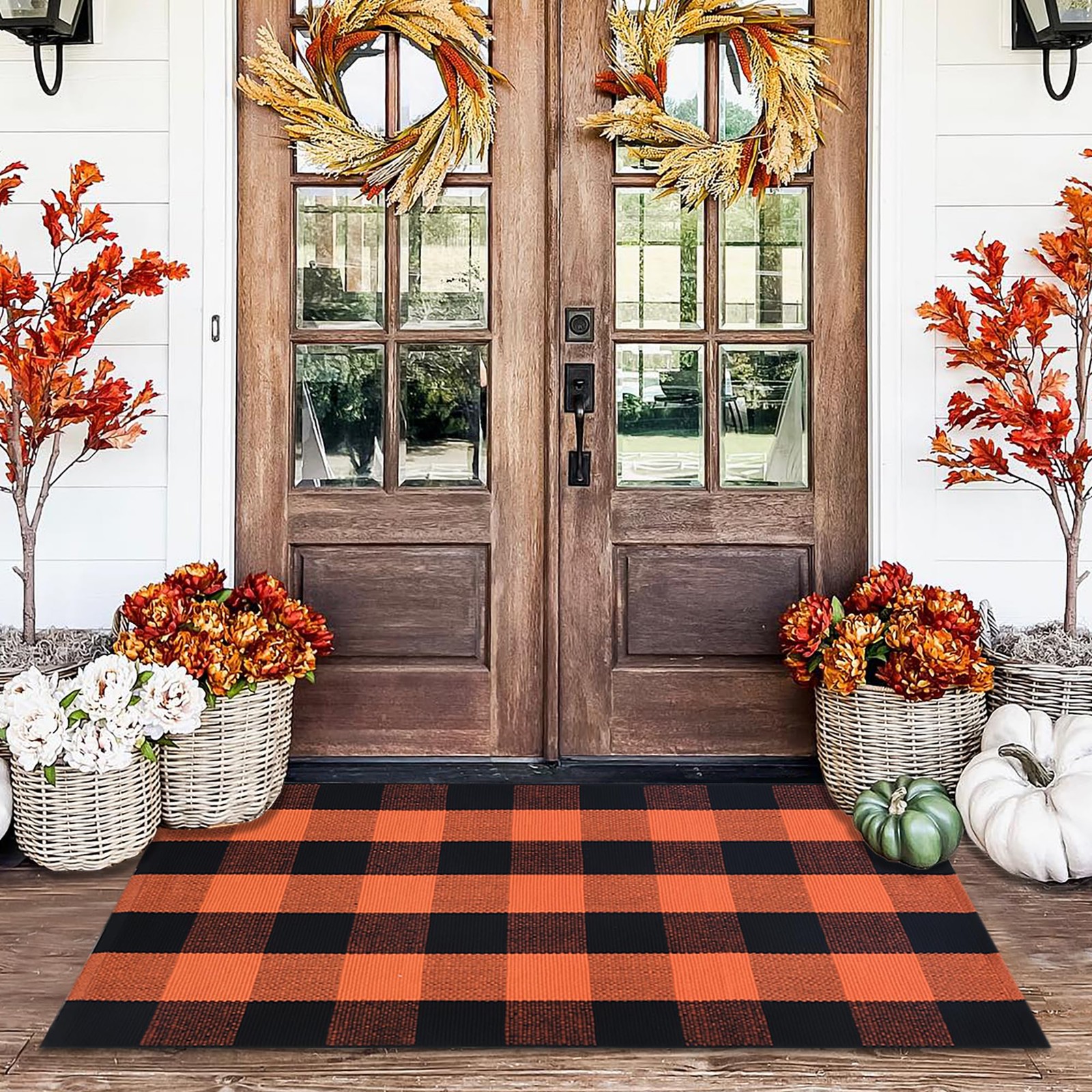 Orange and Black Plaid Rug, 28” x 43” Fall Outdoor Front Door Decor Mat, Co…