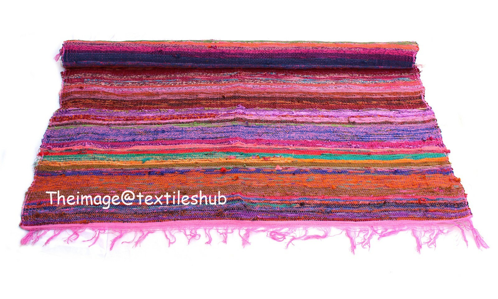 New Indian Handmade Pink Multi Chindi Reversible Porch Hand-Woven Floor Yoga Mat