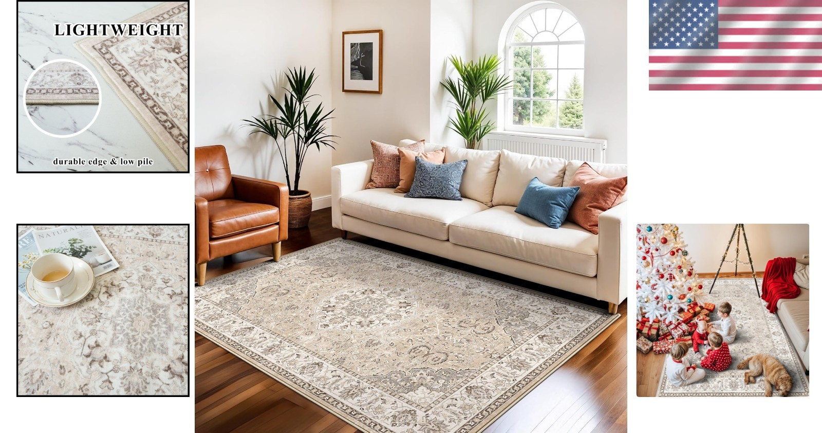 Soft Low-Pile 4×6 Area Rug – Vintage Beige Non-Slip for High-Traffic Spaces