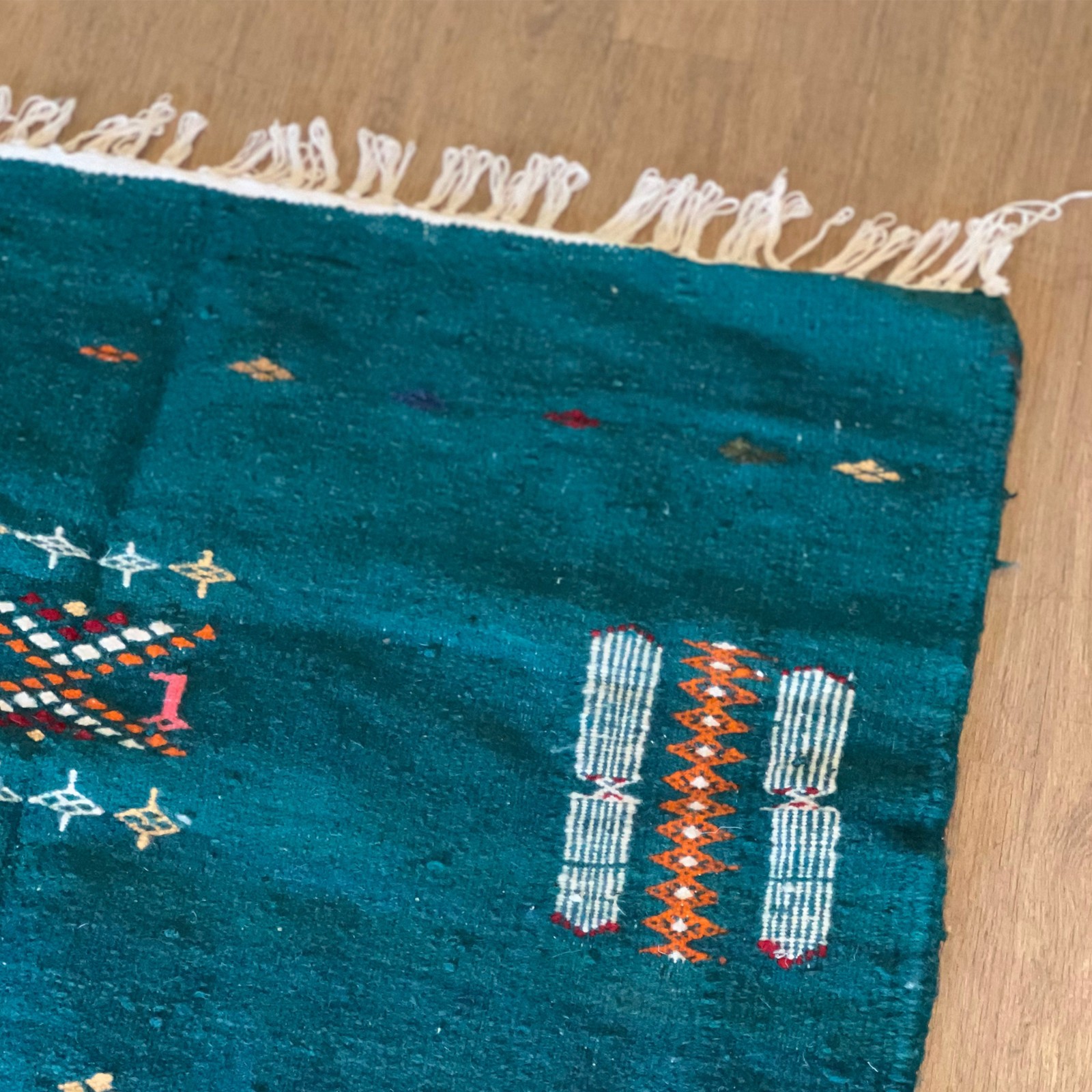 Algerian Traditional Berber Rug for bed room – Teal & white, red Orange colors