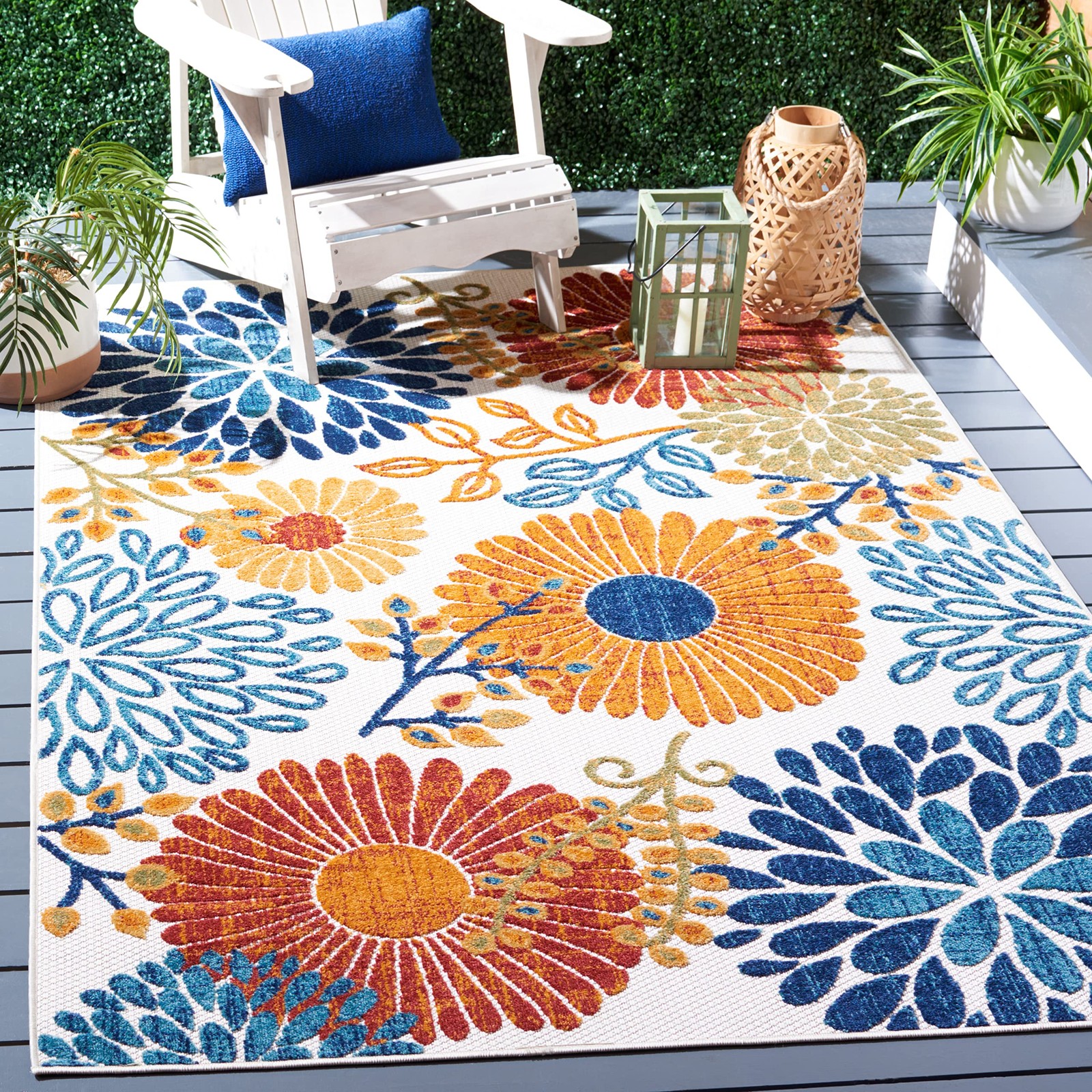 Washable Rug Outdoor Cabana Collection – 3′ x 5′, Cream & Red, Non-Shedding &…