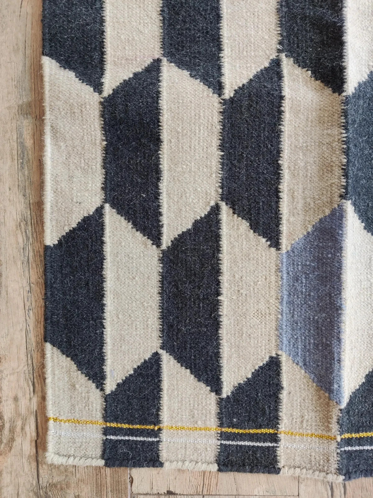 Handwoven Wool Rug Color Black Cream Blue Mustard Cubes Design Carpet Rug