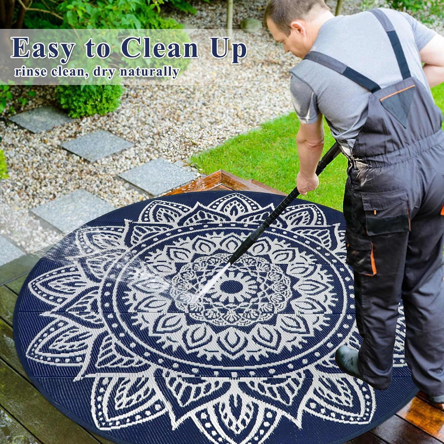 6 Ft Round Boho Outdoor Plastic Straw Rug, Waterproof, Portable, Reversible, UV-