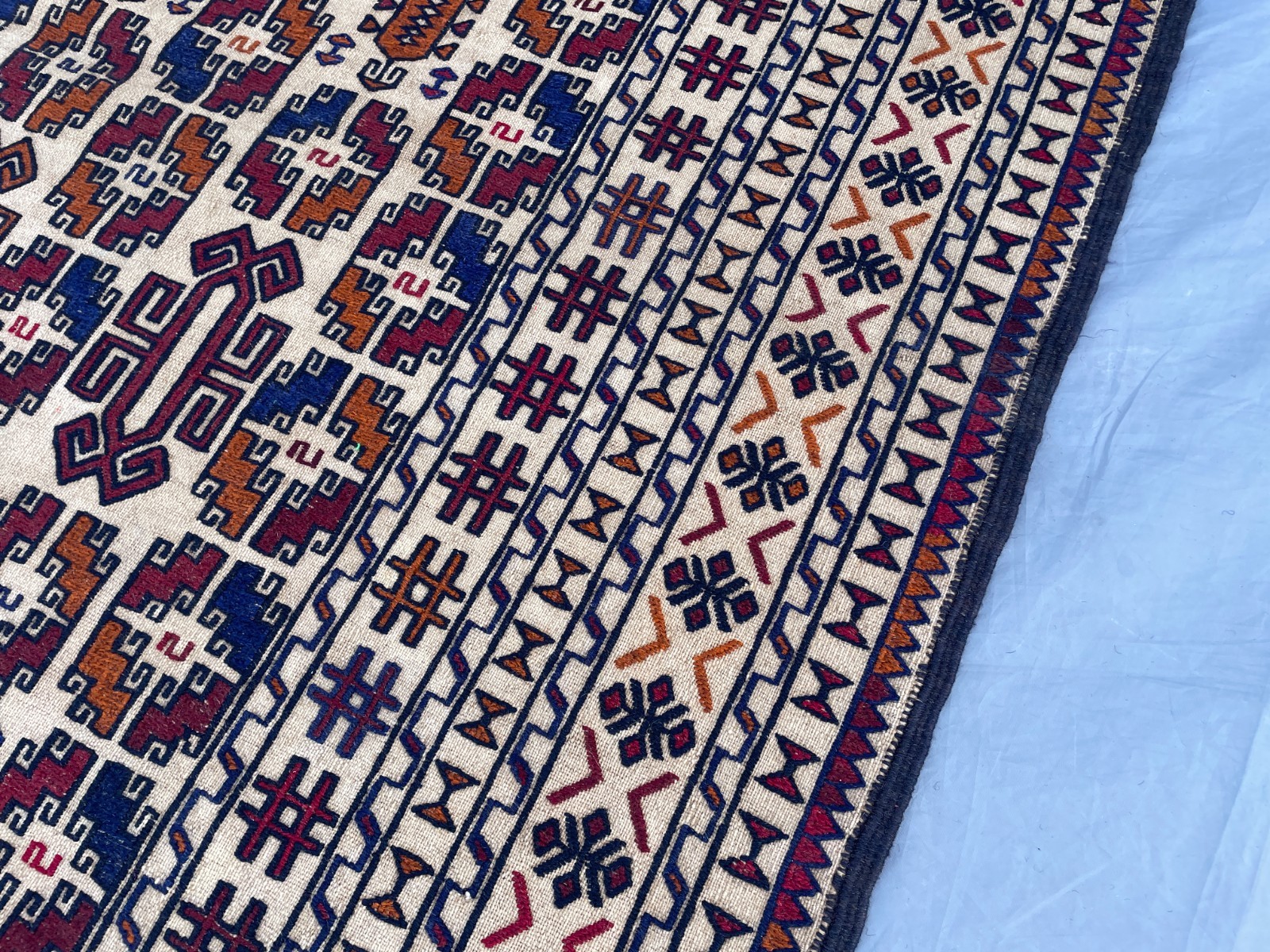 4×6 Ivory Afghan Kilim Rug with Bold Tribal Symbols and Geometric Panel Design