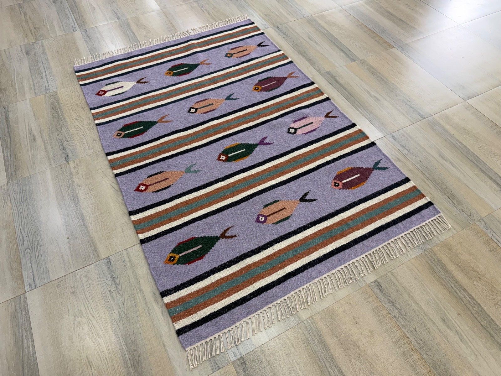Hand Woven Wool Rug 4×6 Lavender Flatweave Scandinavian Folk Art Kilim for Kids