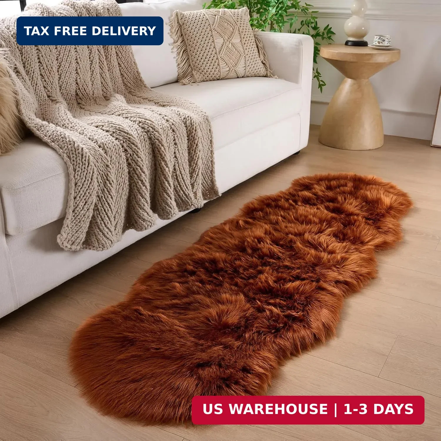 Faux Fur Sheepskin Runner Rug Caramel 2×6 ft Ultra Soft Shaggy Plush Fluffy Fuzz