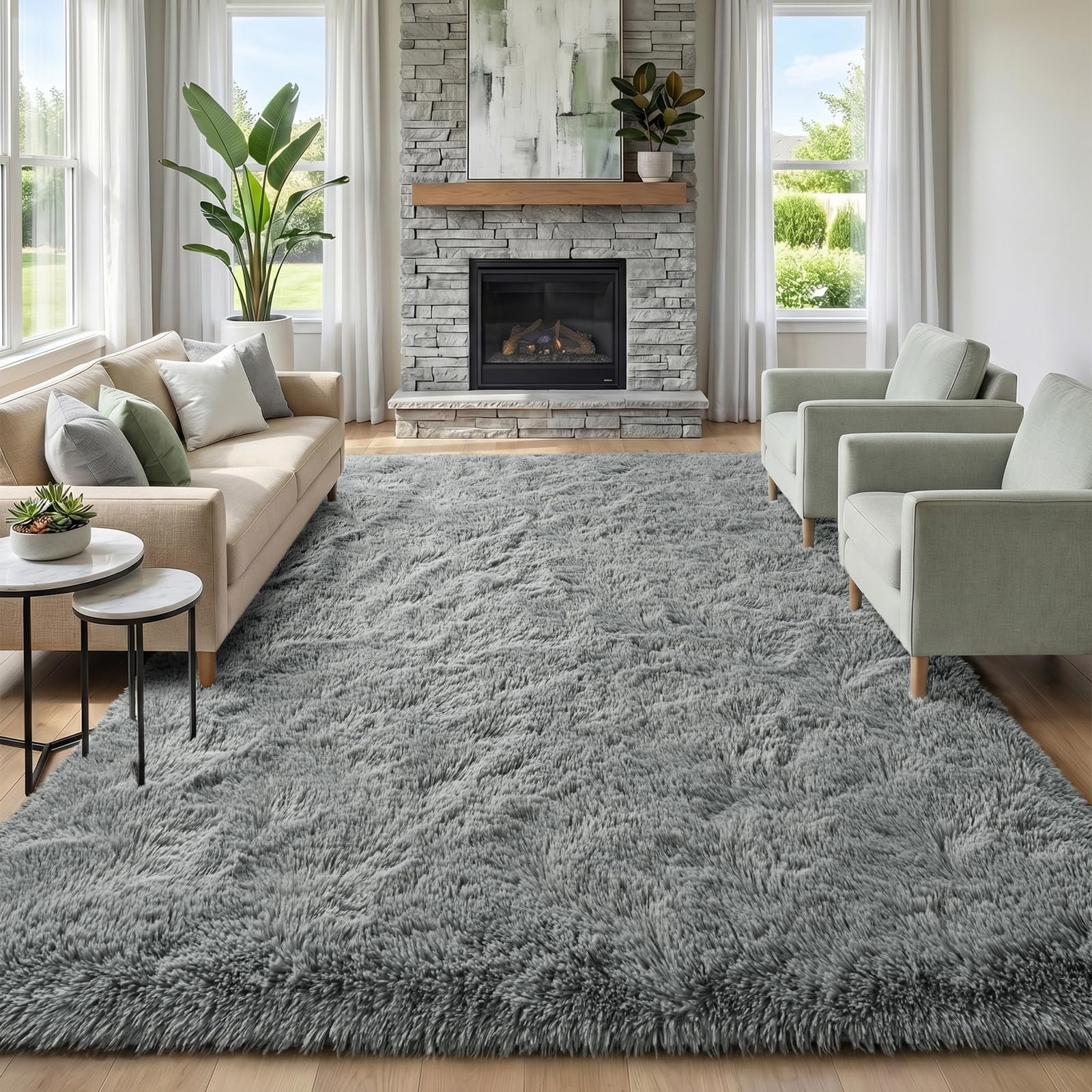 Soft Grey Shag Rug 7×10 Feet – Plush Non-Slip Carpet for Living Room & Kids Room