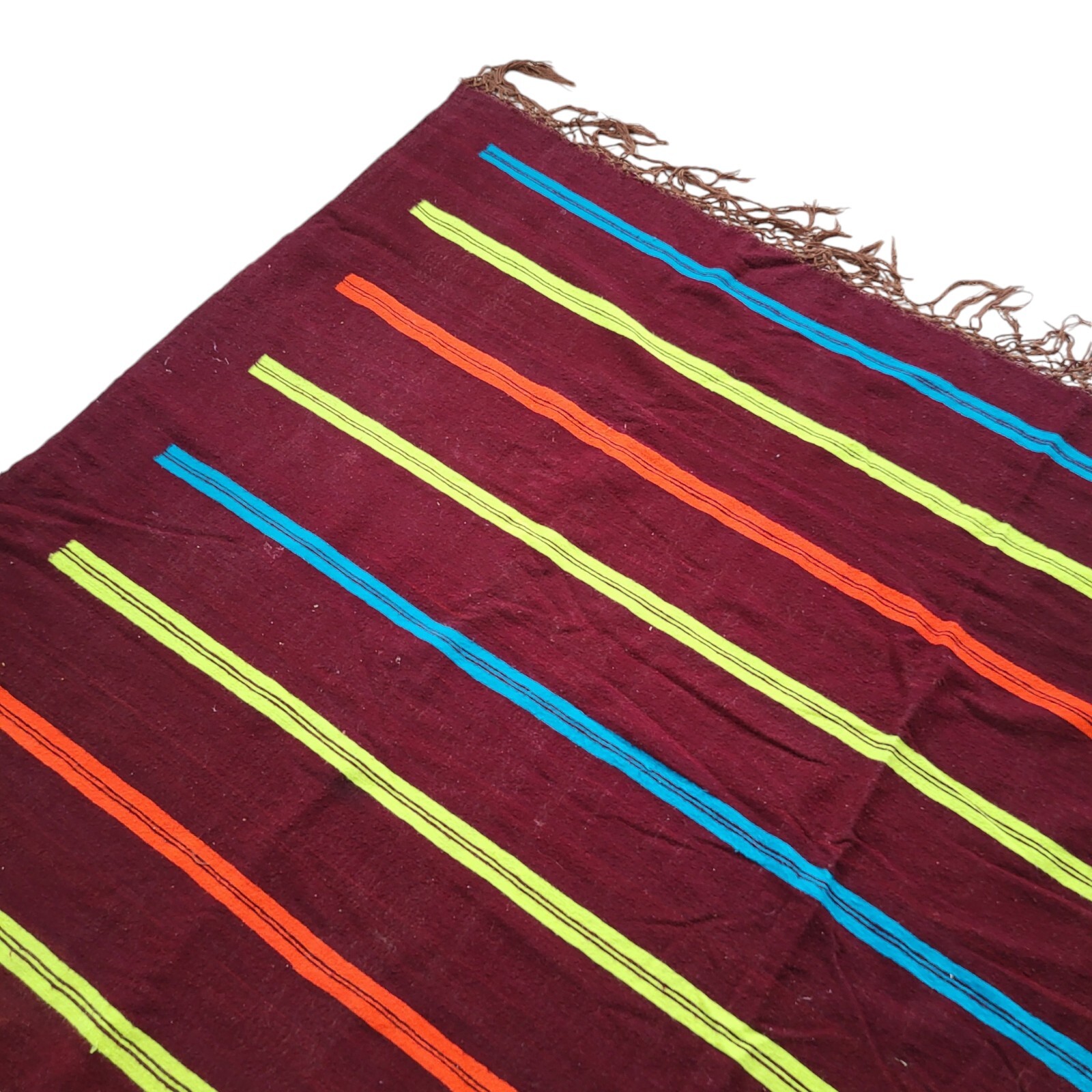 Vibrant Handmade Moroccan Rug Orange Blue Bands Yellow Berber Fringe Wool Carpet