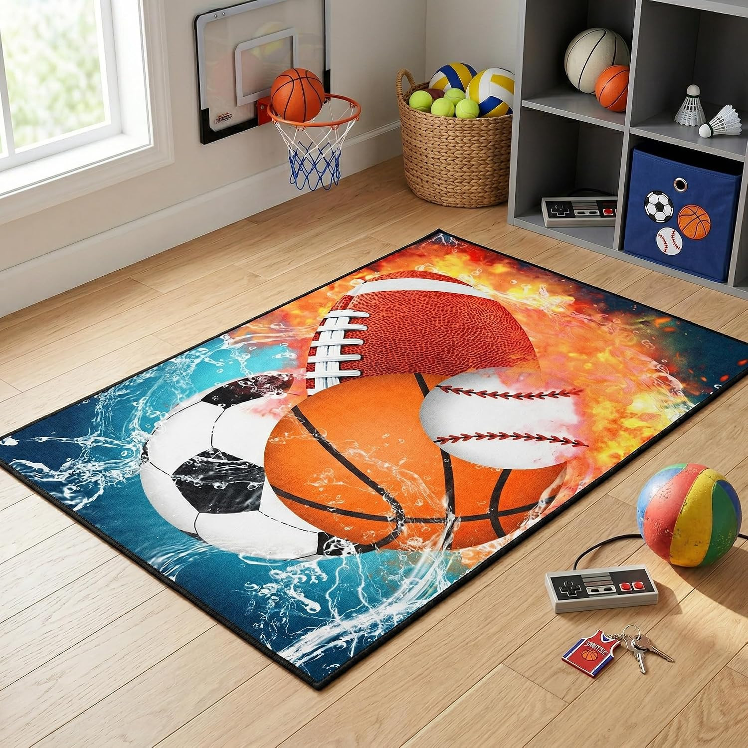 Basketball Rug for Boys Bedroom Kids Football Carpet Water Fire Sports Rugs for