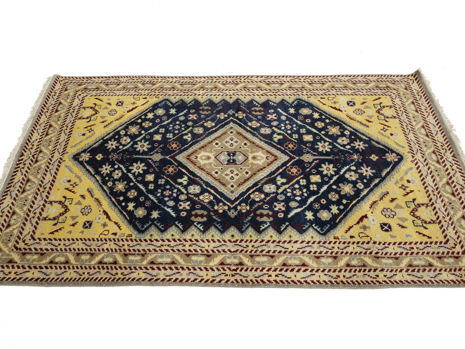 Blue Hand-Knotted Geometric Indo Gabbeh Tribal Rug Wool Oriental Carpet 5X8 ft
