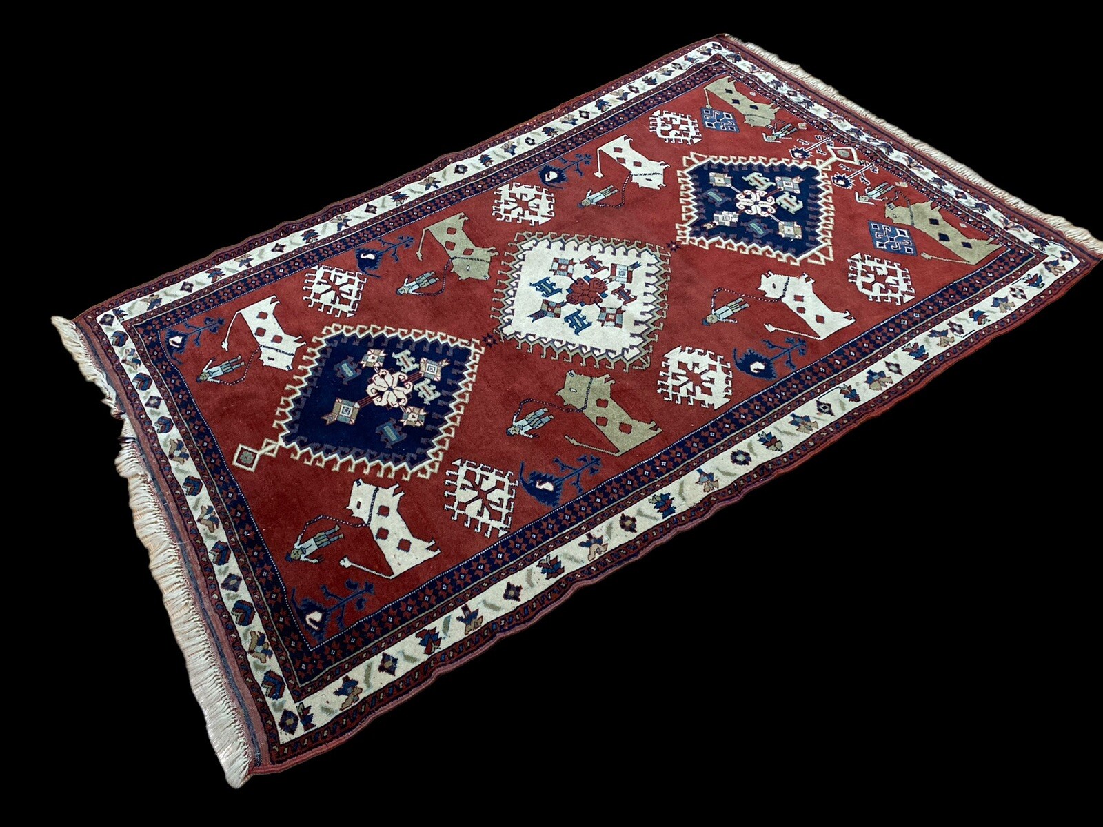 Museum Piece Vintage Animal Man Pictorial Vegetable Dye Kurdi Area Rug Wool 4×6