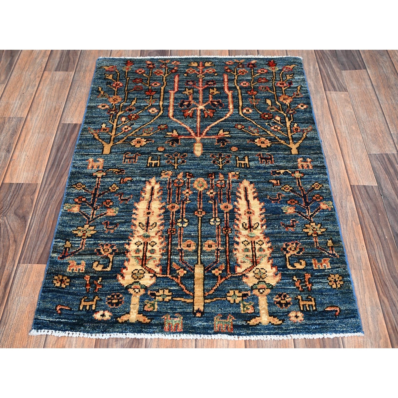 2’2″x3’3″ Blue Tree Design with Animal Figurines Wool Hand Knotted Mat Rug 2387
