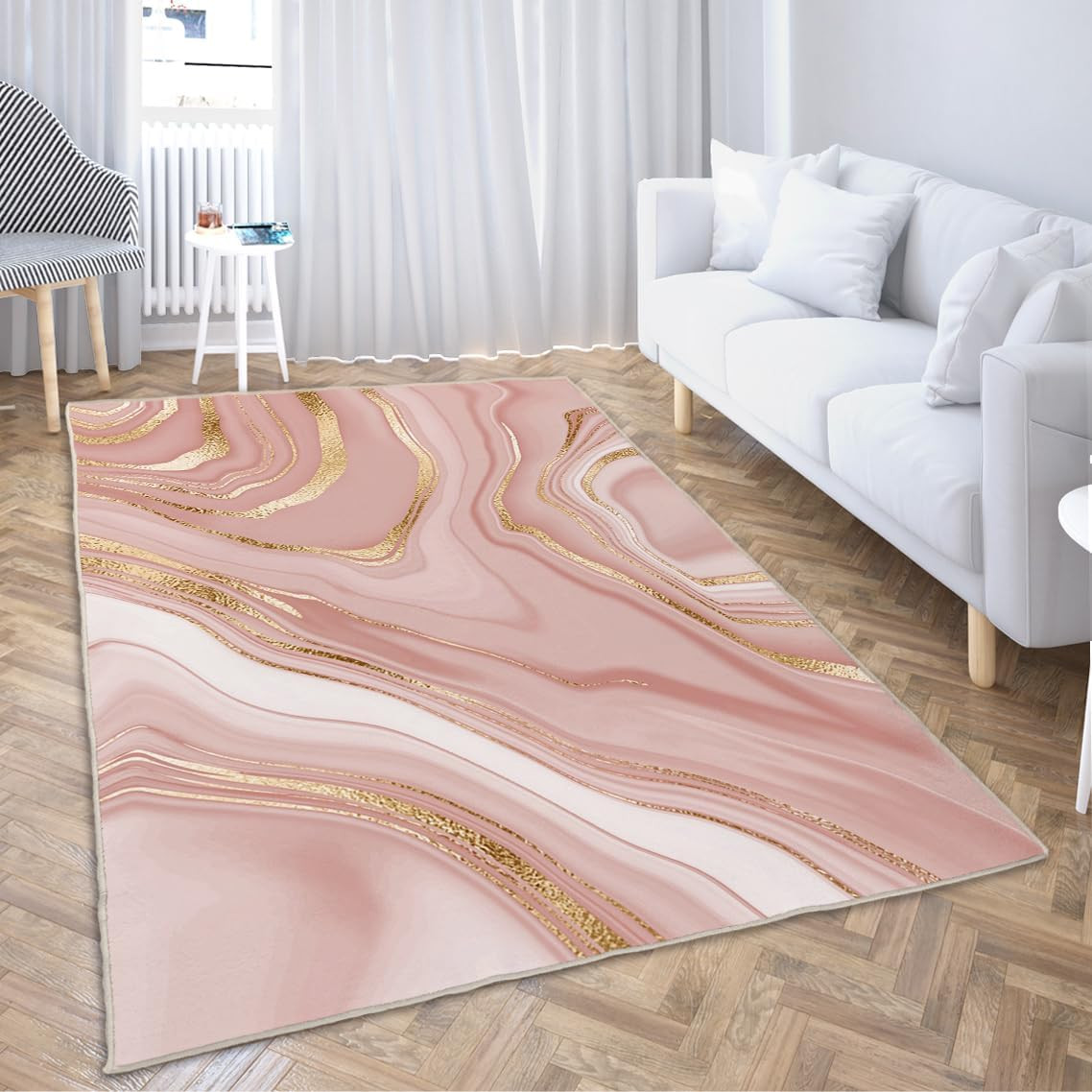 Pink & Gold Abstract Marble 5×7 Non-Slip Washable Area Rug for Home Decor