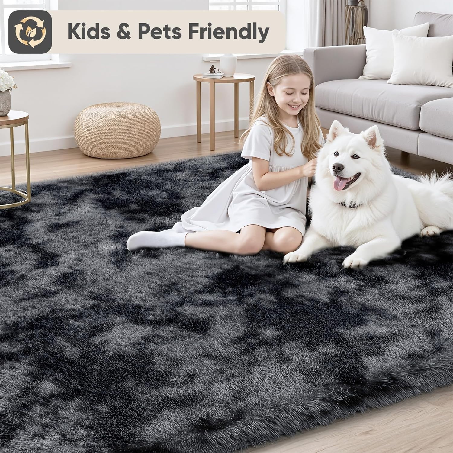 Area Rug Soft Fuzzy Shag Carpet Living Room Bedroom Tie-Dyed Black & Gray 8×10