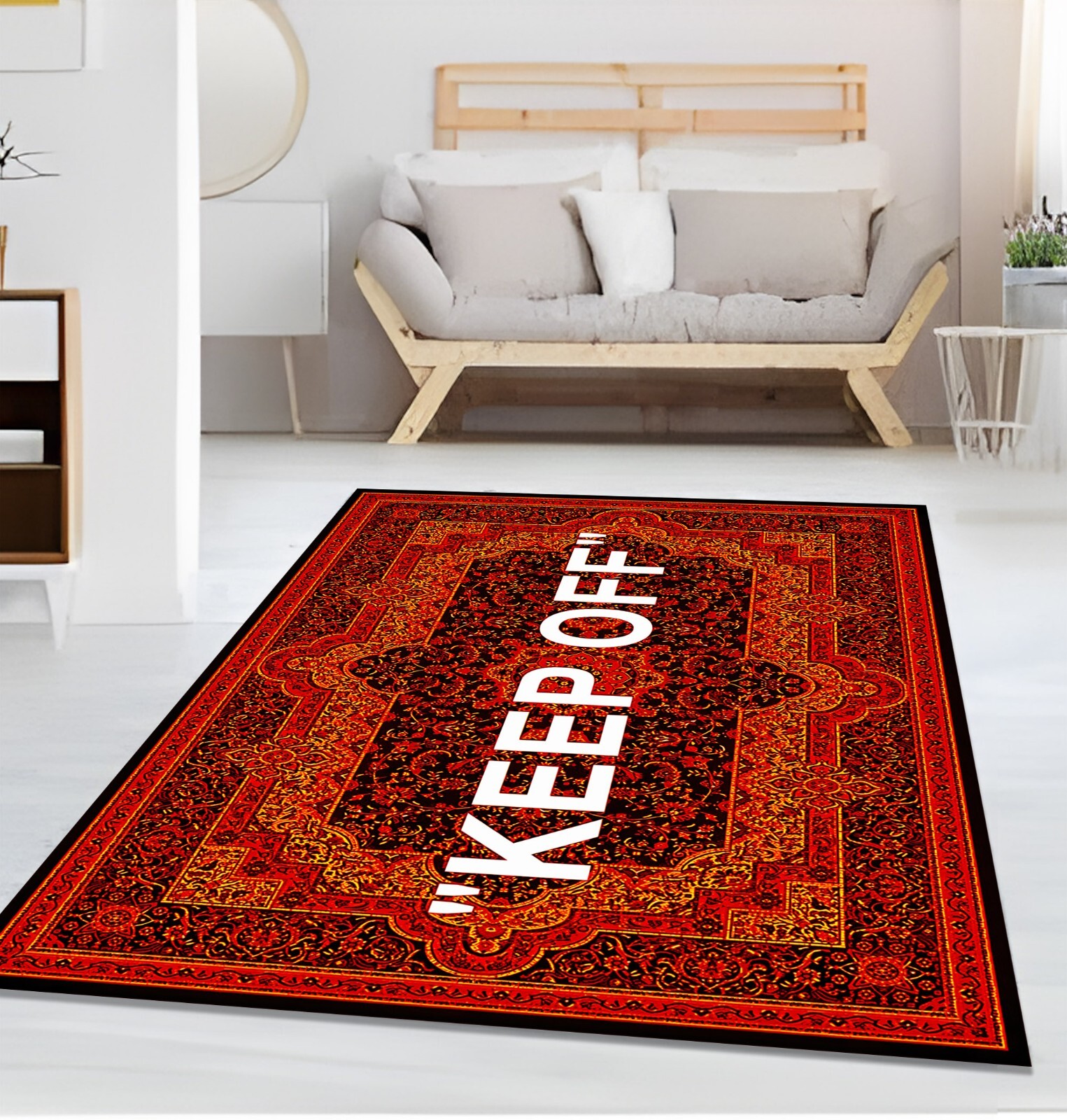 KEEP OFF Quote Rug – Red Oriental Pattern, Modern Irony Carpet, Non-Slip Stateme