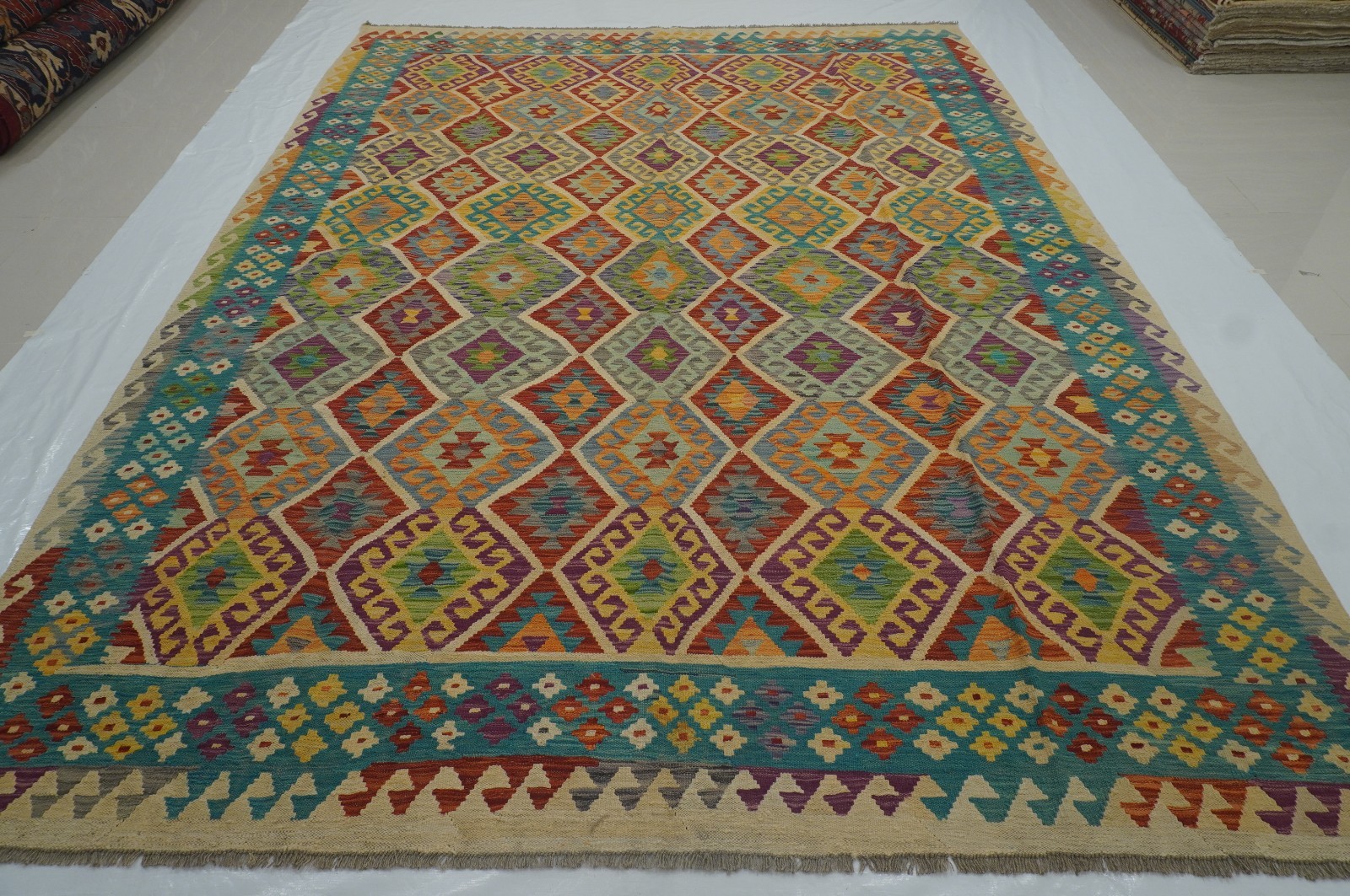 8×11 ft Beige Afghan Handmade Geometric Wool Kilim Area Rug (8’6″x11′)