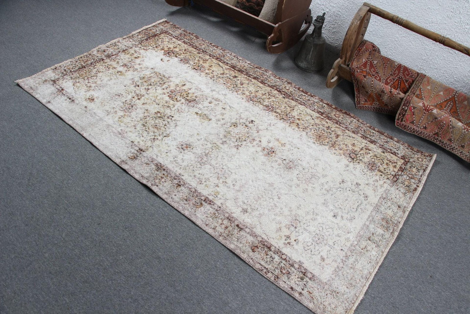 3,8×6,7 ft Vintage Rug, Area Turkish Rug, White Floral Rug