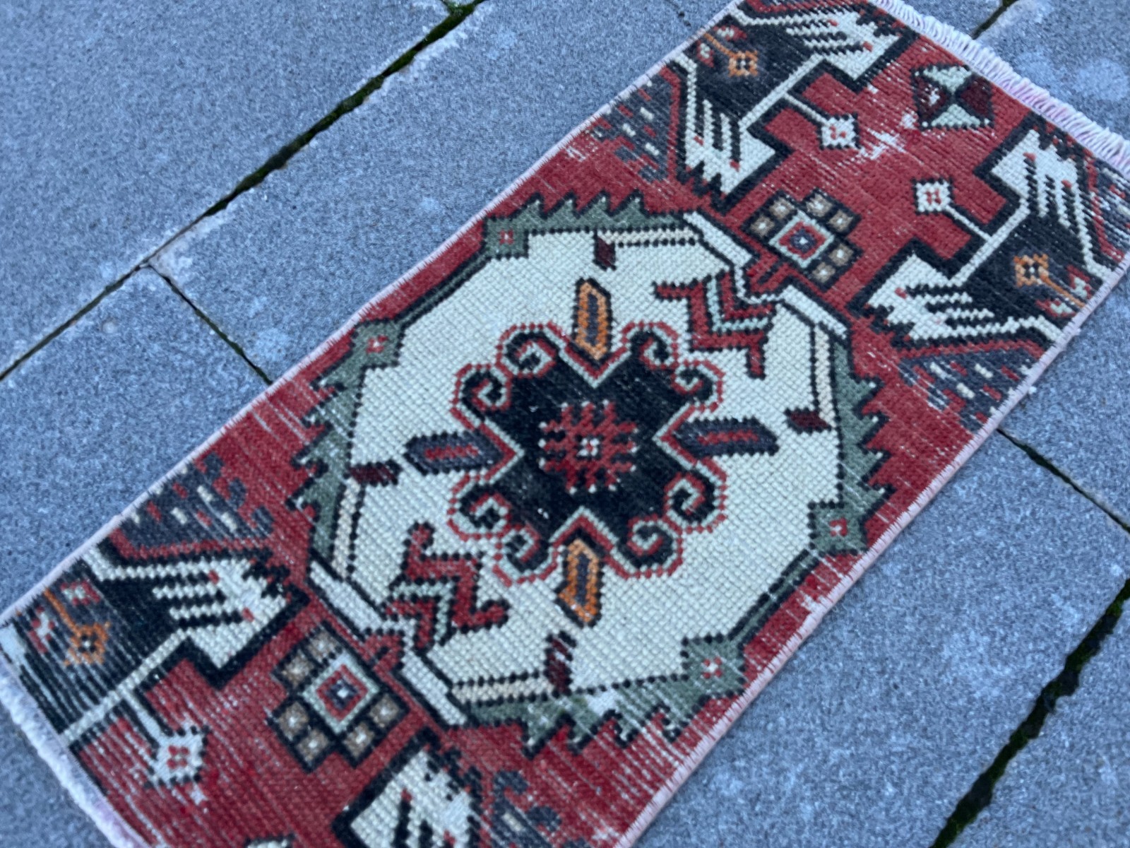 Vintage Turkish Small Rug 1.1×2.5 ft Handwoven Anatolian Wool Mini Runner