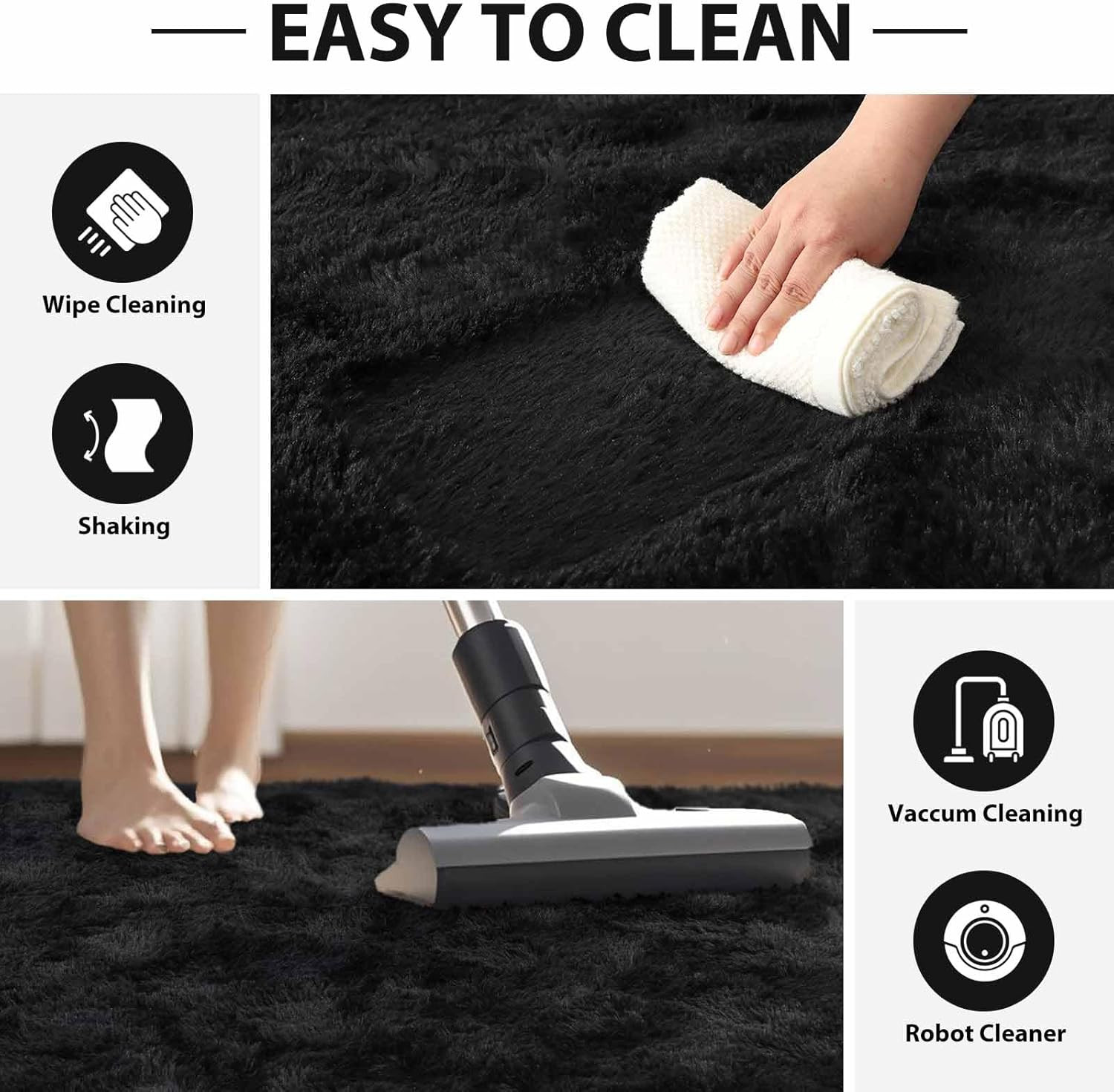 Fluffy Black 8×10 Feet Shag Rug for Living Room, Nursery, and Bedroom Decor