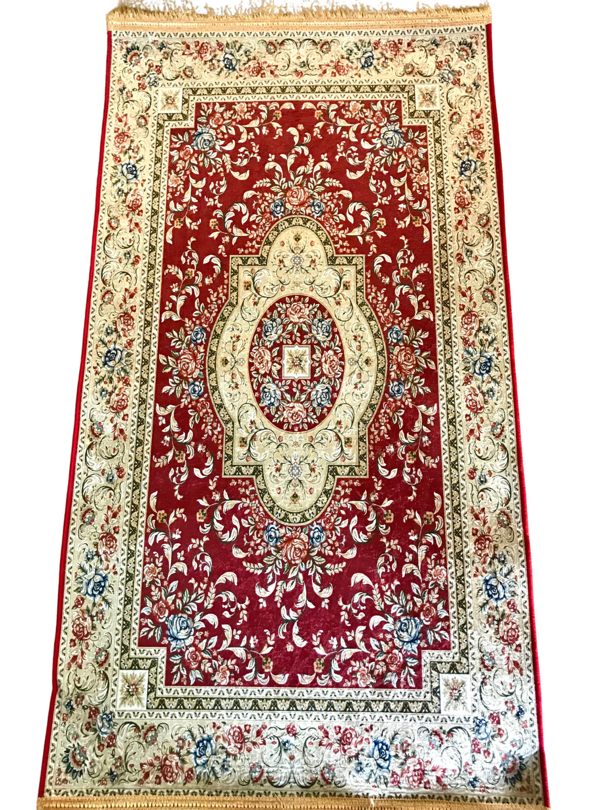 Red and Golden Synthetic Runner Rug. Traditional Floral Pattern. 32×59 inches.
