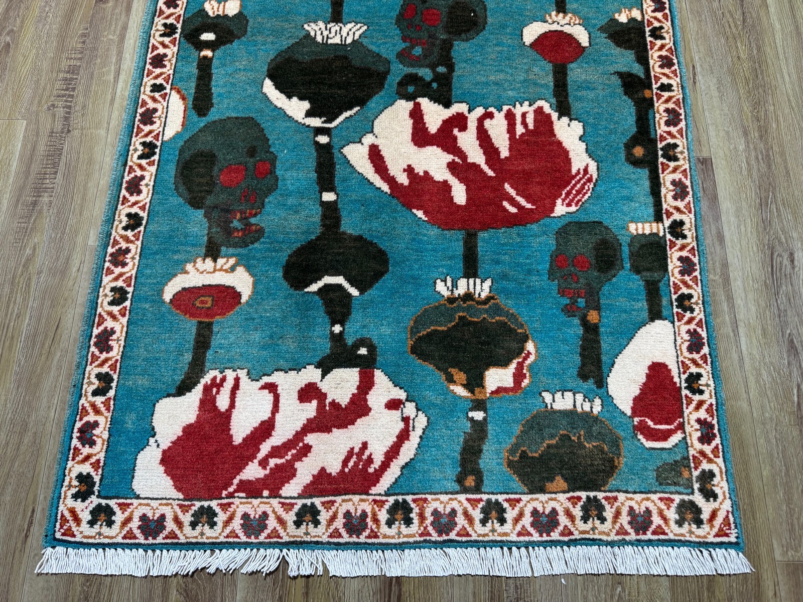 2×4 Afghan Opium Poppy Rug Hand Knotted Blue Pictorial Tribal Wool Carpet