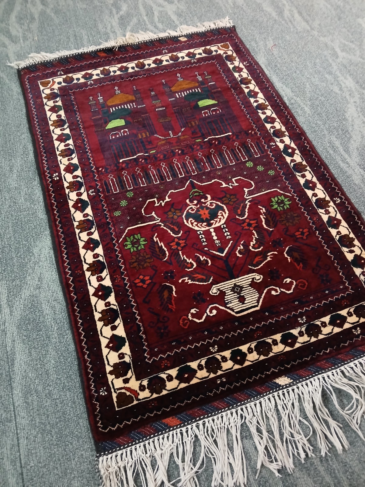3×5 XL Handmade High-quality Soft Prayer Rug, Rare Red Muslim Prayer Area Rug.