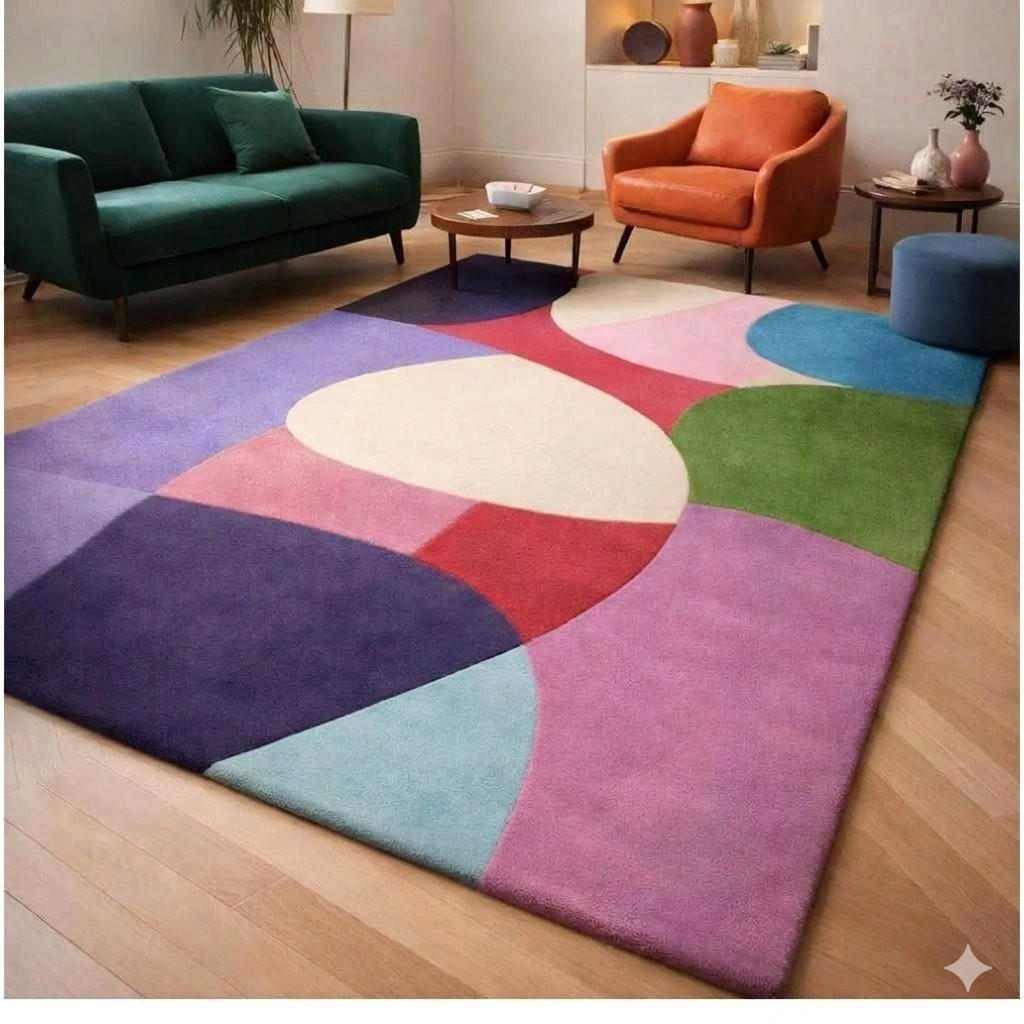 Hand Tufted Abstract Color Block Rug – Modern Geometric Wool Area Rug Carpet
