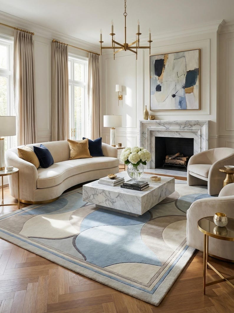 Modern Geometric Abstract Area Rug, Soft Blue & Beige Living Room Carpet