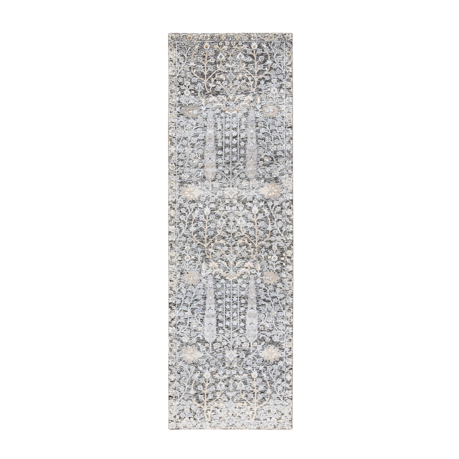 2’7″x8’3″ Silver Silk/Wool Hand Knotted Willow and Cypress Runner Rug R64421